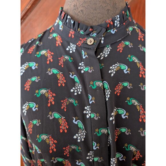 Loft Petite Womens Peacock Print Button-Up Blouse With Ruffle Collar & Cuffs LP - Picture 2 of 8
